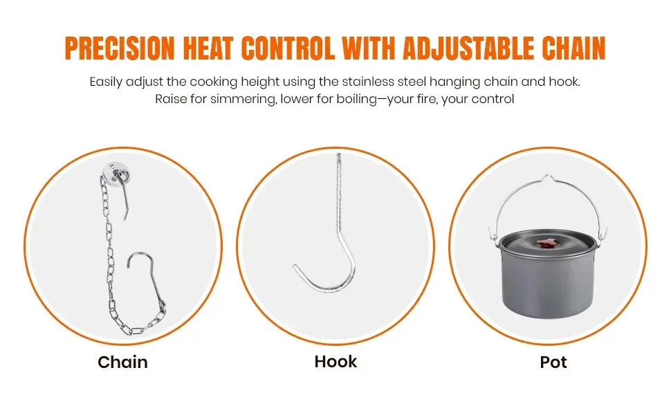 Camping tripod accessories including a hanging chain, hook, and pot.