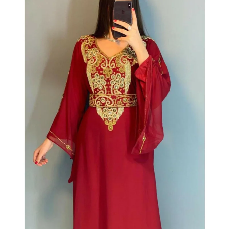 

Red African Clothing Morocco Formal Beaded Farasa Dress Abaya Women's Dubai Long Shirt European and American Fashion Trends