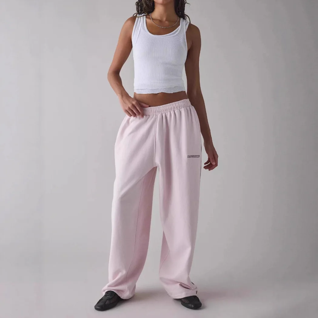 Pantalones Casuales جديد الوردي المطرزة سراويل تقليدية للنساء فضفاضة ومريحة مستقيم مرونة الخصر بنطلون 2025 جديد