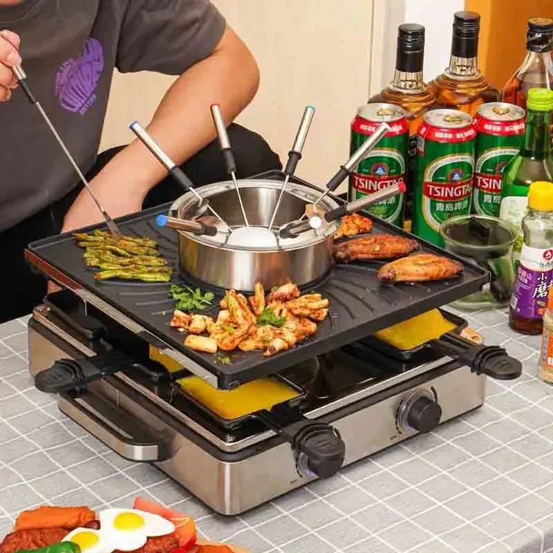 Kitchen Appliance 8 Person BBQ Electric Raclette Grill Fondue Set with Chocolate Cheese Hot Pot