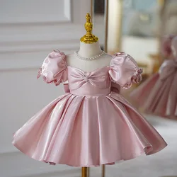 Kids Pink Luxury Birthday Party Dress for Little Girls Princess Short Evening Gowns Pageant Child Formal Occasion Dresses Satin