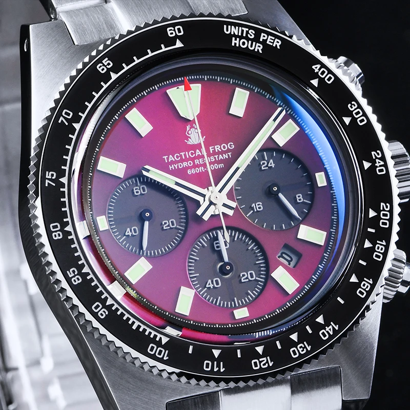 التكتيكية الضفدع ساعة كرونوغراف رجالية TF004 حركة الكوارتز الشمسية مقاوم للماء تاريخ الياقوت كريستال C3 مضيئة كوارتز ساعة اليد