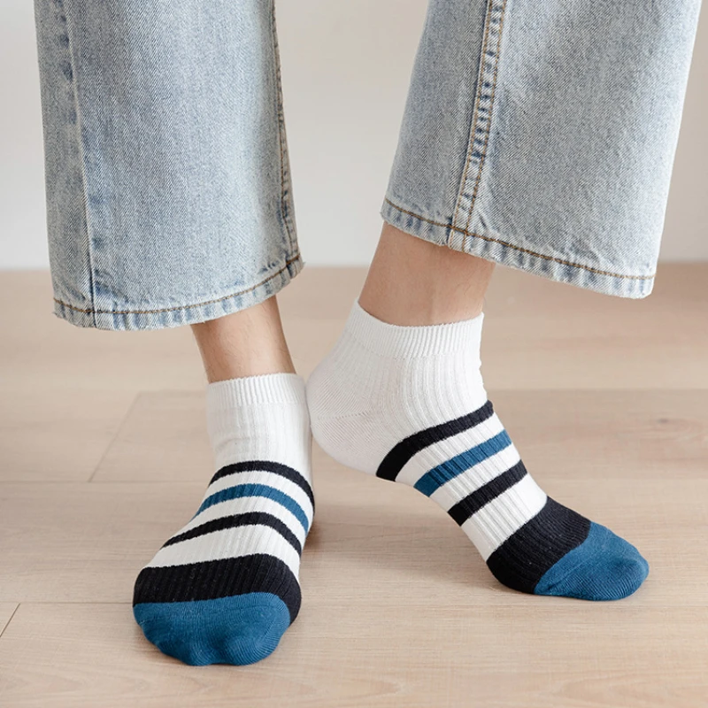 Calcetines deportivos de algodón para hombre, medias cortas transpirables de ocio, transpirables, con rayas de doble aguja, estilo japonés