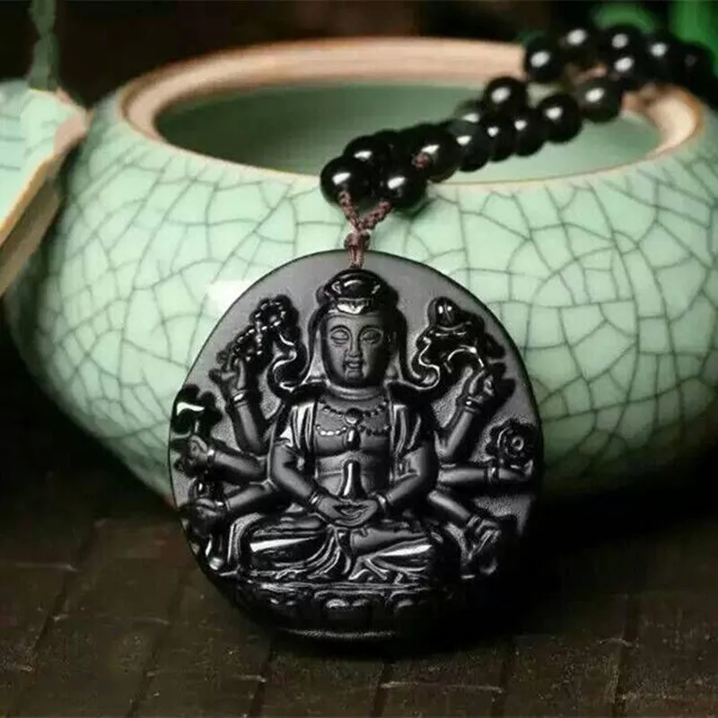 Black Thousand Hands Guanyin Jade Pendant Necklace Natural Obsidian Guanyin Buddha Pendant Buddhist Amulet