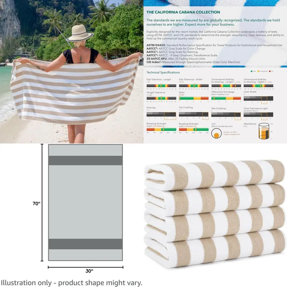 

Набор из 4 больших пляжных полотенец из мягкого хлопка, быстросохнущие, 30x70 дюймов, бежевые полоски, идеально подходят для бассейна и плавания.