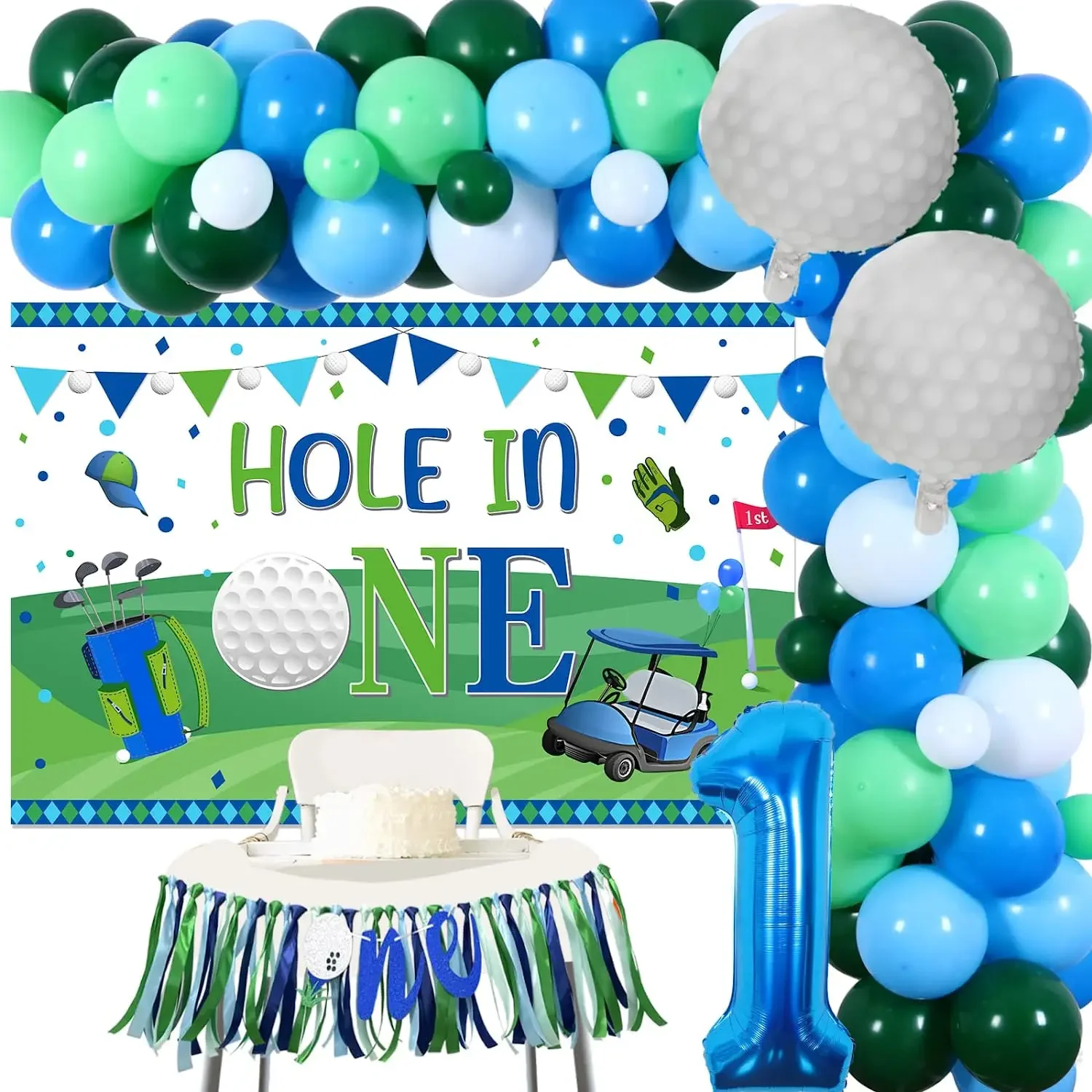 

Birthday Party Decoration Hole in One, 1st Birthday Party Supplies, Boy First Birthday Backdrop, Foil Balloon, Highchair Banner