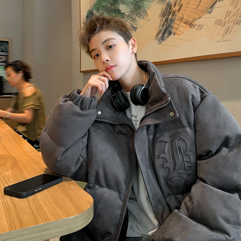 

Men's Suede Jaet Winter Thiened Warm Loose Cotton Coat Stand Collar Zipper Closure Casual Sle Youth Faion Bread Coat