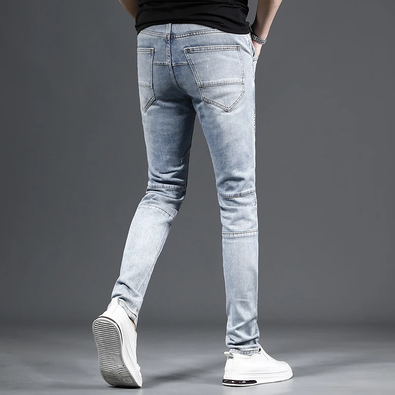 Biker Style Blue Men's Jeans Korean Slim Fit Pants Streetwear Casual Patchwork Denim Trousers CP2199