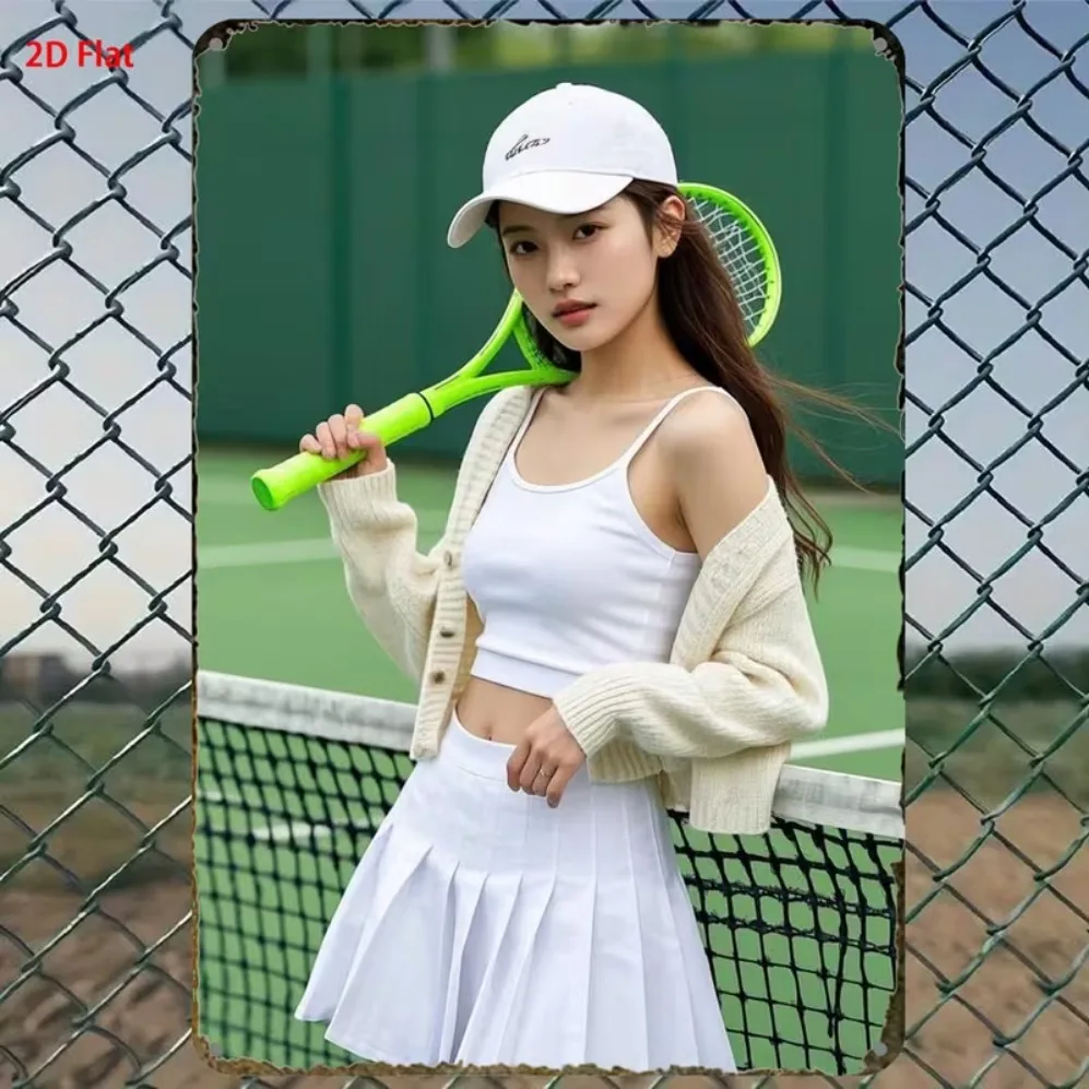 Niedliches asiatisches Tennismädchen im weißen Outfit, Retro-Metallblechschild, Wanddekoration mit sportlichem Flair