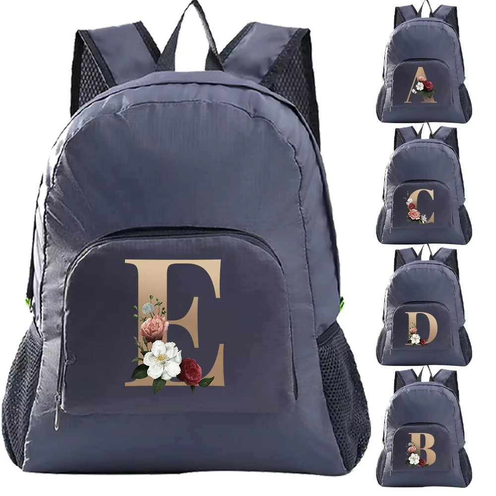 Lightweight Packable Gold Letter Print Foldable Backpack Ultralight Outdoor Folding Backpack Travel Sports Daypack Bag Men Women