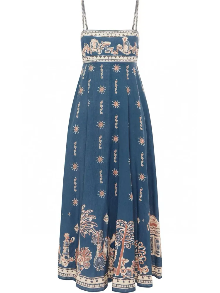 Susan Australian Small ence Linen Vaion Sle New Strapl Blue Floral Print Maxi Dr Women's Summer Svel Dr