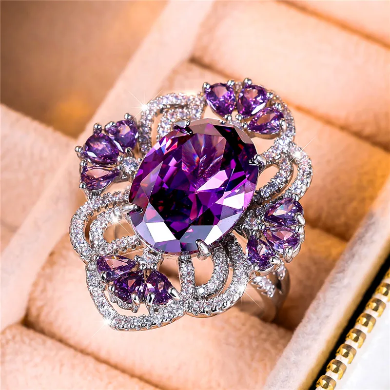 Cute Female Big Purple Adjustable Open Ring Luxury Engagement Wedding Jewelry For Women