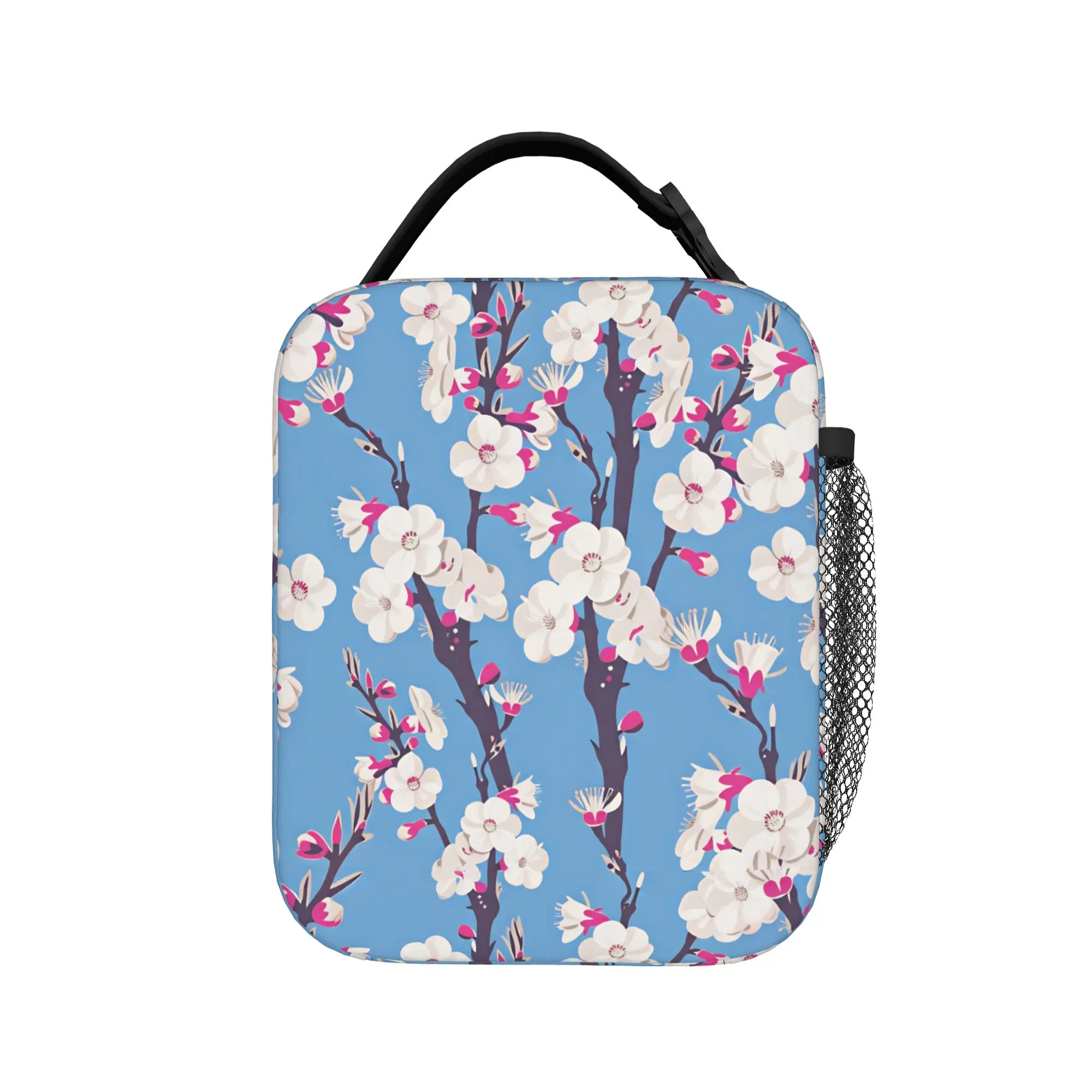 Japanese Sakura Cherry Blossoms Lunch Bag Cute Lunch Box School Portable Zipper Tote Food Bags For Women Oxford Print Cooler Bag