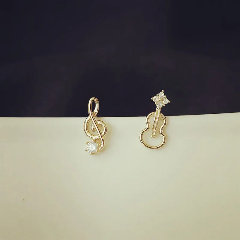 Creative 925 Sterling Silver Zircon Hollowed-out Asymmetrical Note Violin Stud Earrings for Woman Korean Jewelry Accessory Gifts