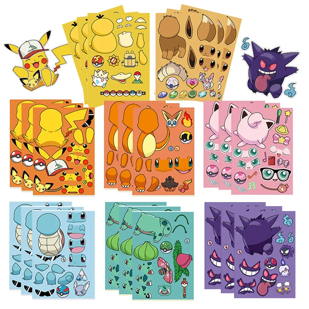 8Sheets Children DIY Puzzle Sticker Pokemon Pikachu Face Funny Anime Pikachu Assemble Stickers Kids Toys Boys Girls Gifts