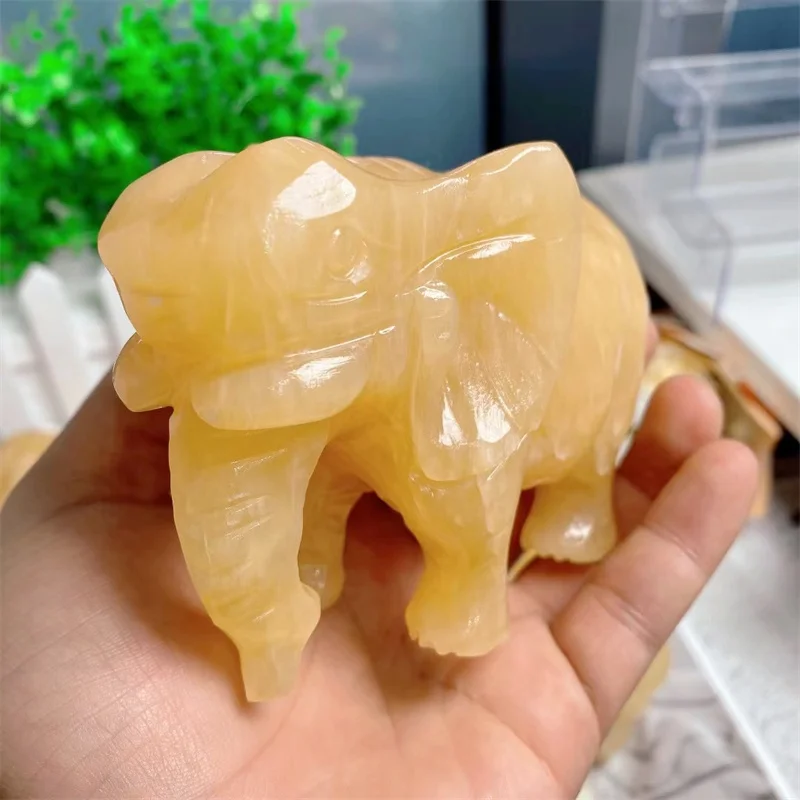 

9.6cm Natural Yellow Calcite Stone Crystal Elephant Craving Animal Figurine Healing Reiki Crafts For Home Ornaments Decor 1pcs