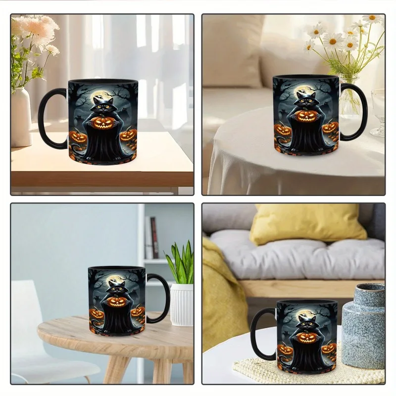 1pc 1pcs 11oz Gothic Ceramic Mug with Wizard, Black Cat, Bat & Pumpkin - Dark-Themed Coffee Cup Suitable for Holiday Parties, Dishwasher Cup for Tea, Cocoa, Gifts - for Hot Drinks, Witchy Decorations