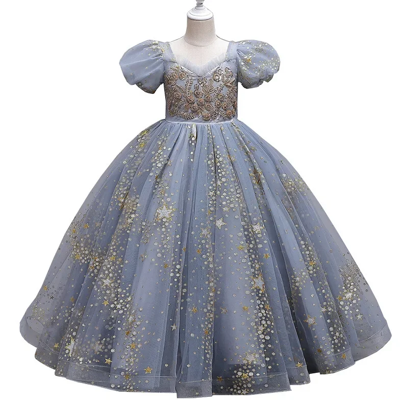 Robe longue de princesse à paillettes pour filles, grande robe de soirée formelle pour enfants, fleur de performance pour enfants, mariage pour enfants, maille pour fête d'anniversaire