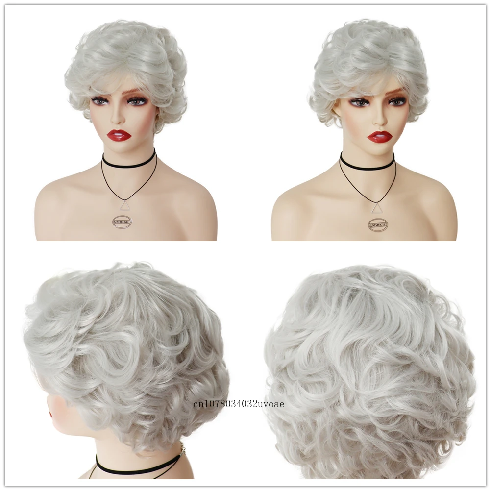 Short Curly Wig for Women Synthetic Light Grey Wig with Bangs Natural Fluffy Haircut Daily Ladies Cosplay Costume Elderly Wigs