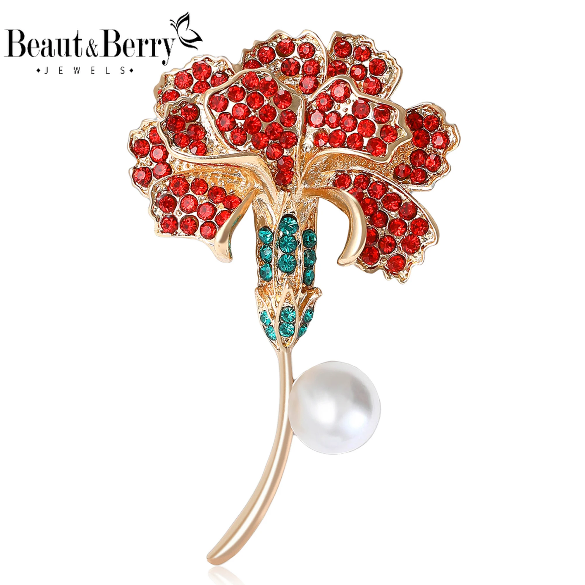 Beaut&Berry Luxury Rhinestone Carnation Flower Brooches for Women Plant Pins Friends Party Gifts Banquet Jewellery Accessories
