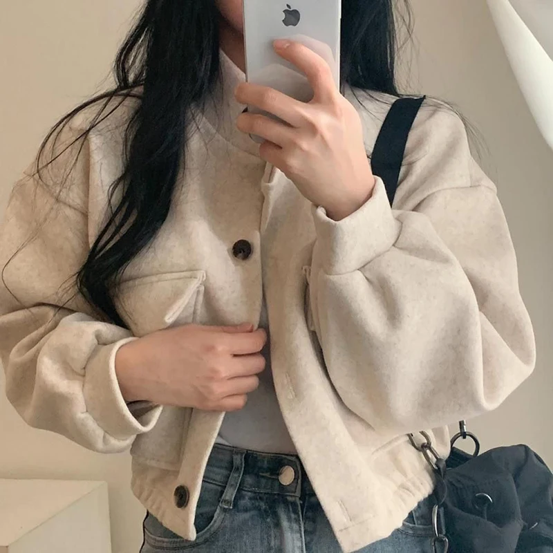 

Women Vintage Cropped Coats Solid Office Lady Button Stand Collar Streetwear Jacket Fall Winter Loose Casual Imitation Wool Tops