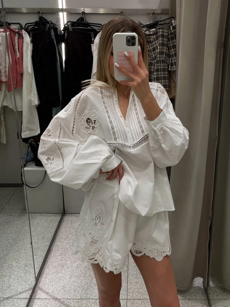 HH verano mujeres Chic hueco bordado decoración O-Collar blusas Top + moda sólido alto plisado Casual pantalones cortos conjuntos