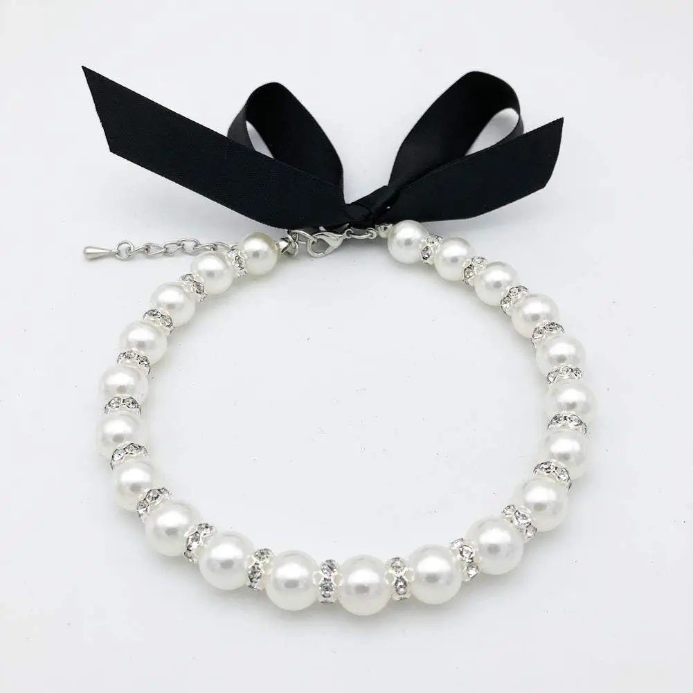 TONG Simulated Pearl Beaded Cat Collar Cute Charms Adjustable Pet Necklace Bowknot Ribbon Decor Dog Accessories Princess Collars