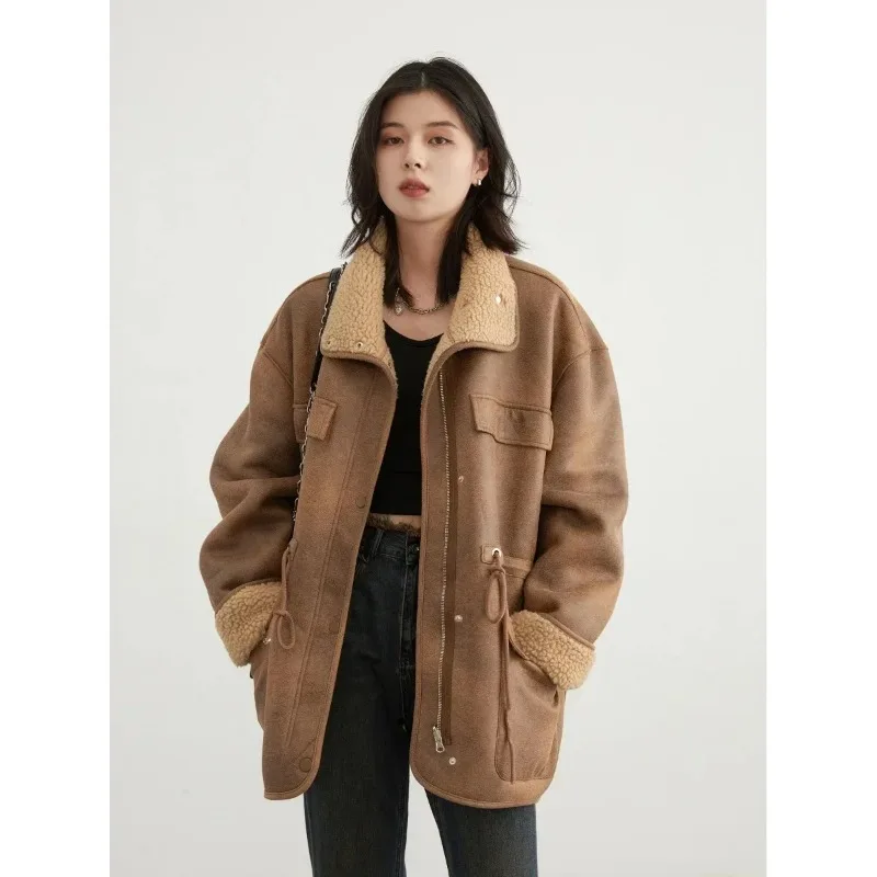 

Women's Jackets Thick Warm Solid Suede Reversible Jacket Motorcycle Outer Coat Loose Female Overcoat Winter Autumn 2023