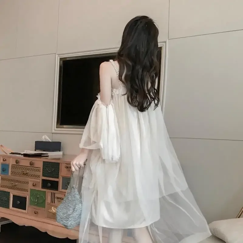 Vestido Fairycore para mujer, fino, de verano, hasta la rodilla, estético, suelto, con cuentas, diseñado, elegante, vacaciones, ocio, dulce, romántico, citas, nuevo