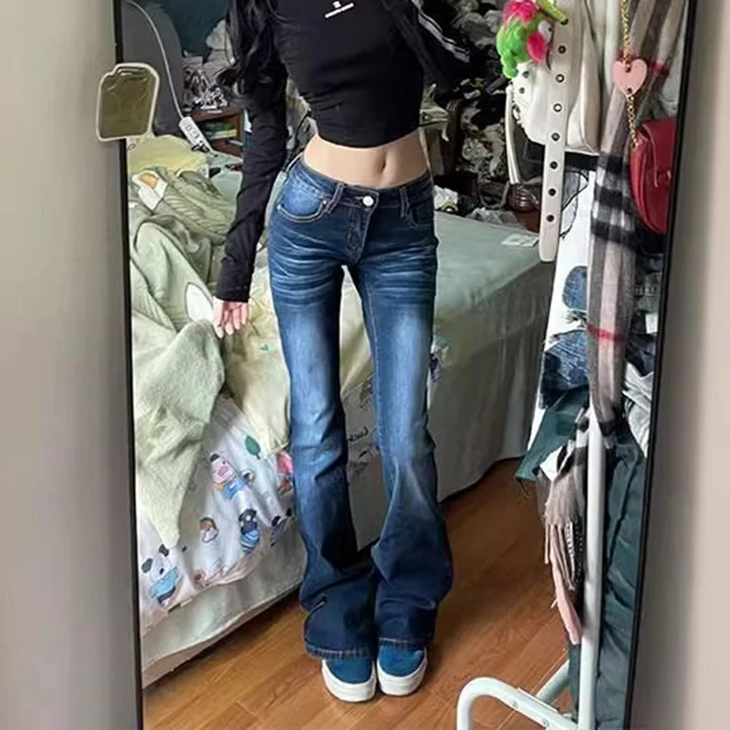 

Women Korean Fashion Slimming Denim Flares Pants Woman 2025 Autumn Winter Vintage Long Trousers Y2K Streetwear Low-Waisted Jeans
