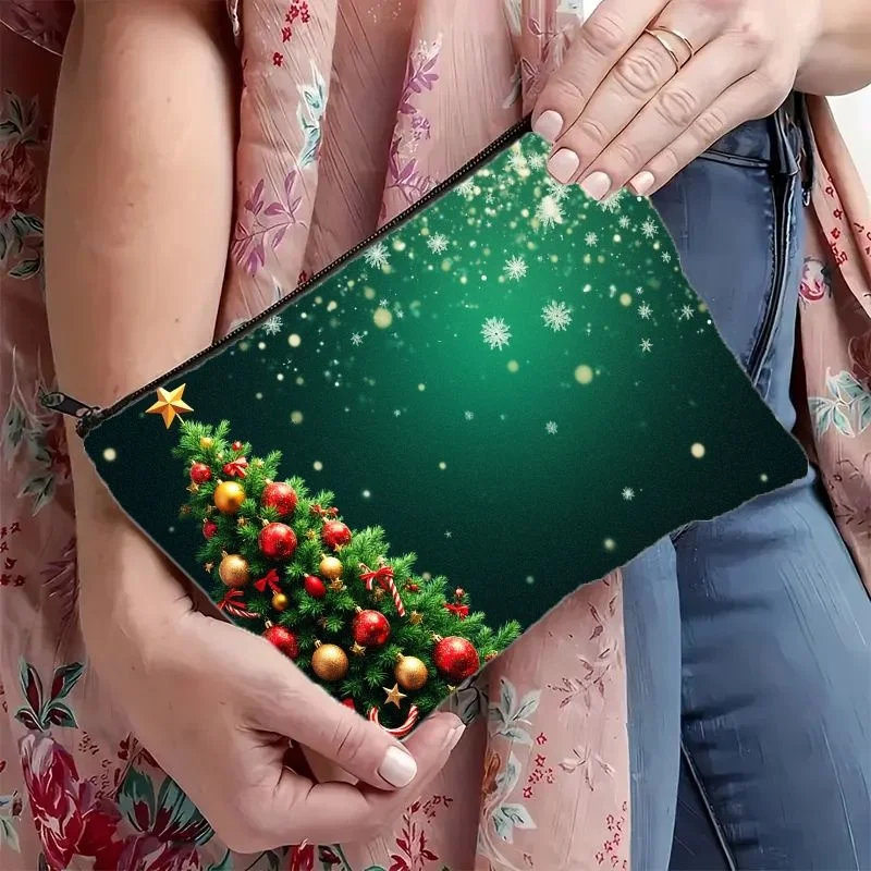 1PCS Christmas Cosmetic Bag, Green Tree Star Ornament Snowflake Zipper Pouch, Cute Holiday Travel Toiletry Organizer