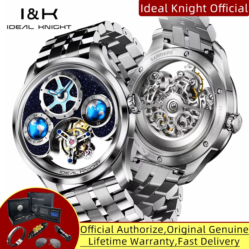 

IDEAL KNIGHT 6805 Автоматические механические часы с турбийоном для мужчин GMT с настройкой нескольких временных зон Высококачественные роскошные мужские наручные часы