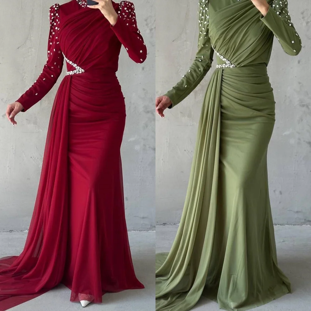 

Customized High Quality Exquisite Chiffon Rhinestone Pleat Column High Collar Long Dresses Bespoke Occasion Dresses Classic