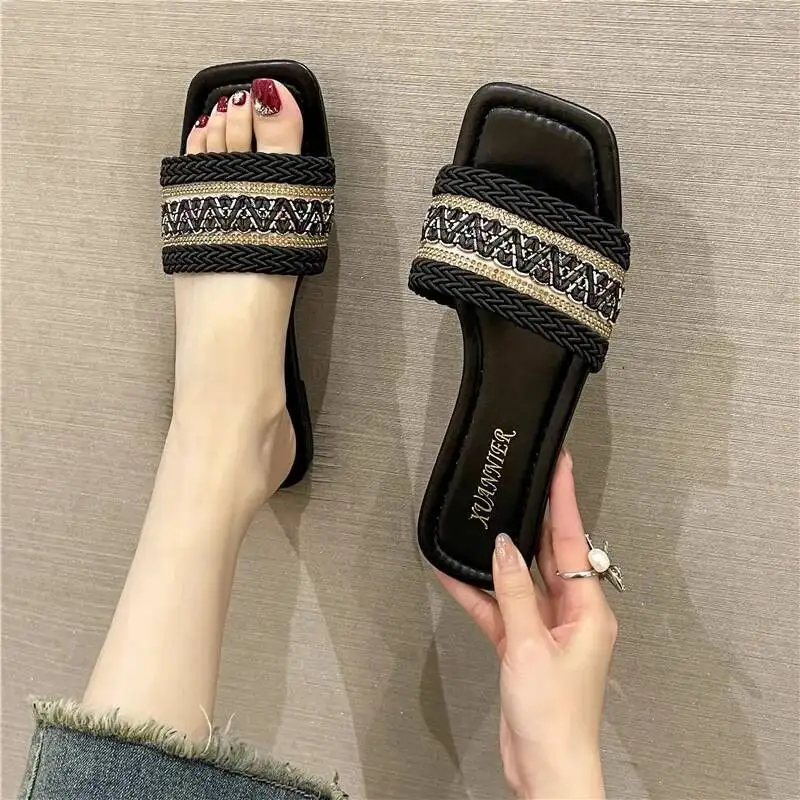 

Plus Size 41 42 Women's Slippers Beach Sandals Summer Outdoor Straw Woven Sweat Absorbent Flat One Strap Casual Slippers