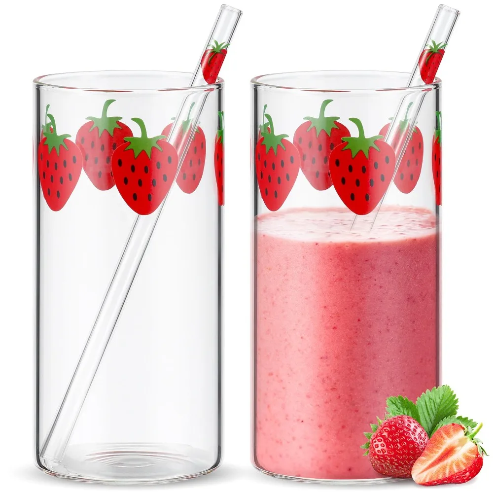 1/2 Piece 16oz Juice Cup with Glass Straw Milk Coffee Cup Berry Pattern, Easy to Clean Reusable for Cold/Hot Drinks