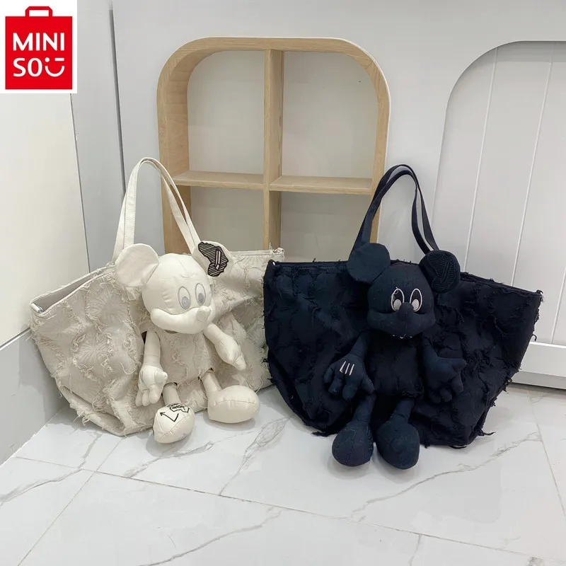 MINISO Disney Trendy Tassel Canvas Tote Bag Women's High Quality Mickey Doll Large Capacity Handheld Diagonal Straddle Bag