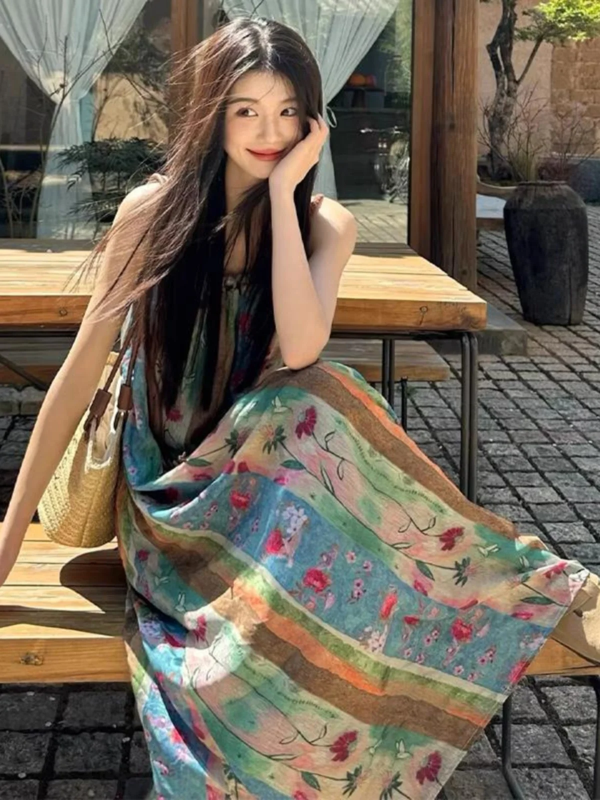 Summer Floral Tie Dye Halter Dress Women\'s Large Size Retro Yunnan Travel Long Skirt New 2024 Vacation Style Loose Waist