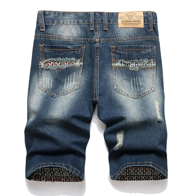New Denim Shorts Jeans for Men Ripped Fashion Straight Versatile Perforated Edges Perforated Hole Ruined Pants Plus Size 38 40