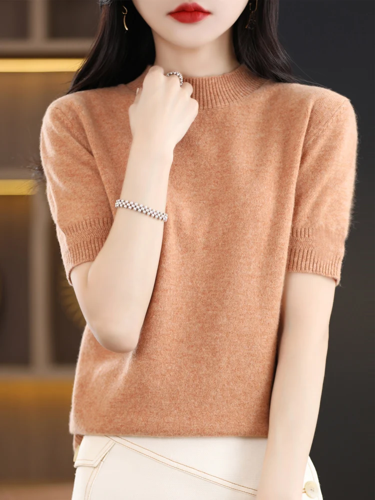 New Spring Summer 100% Merino Wool Knitwear Women\' Sweater Mock neck Pullover Half sleeved Solid Color Base Sweater Basic Tops