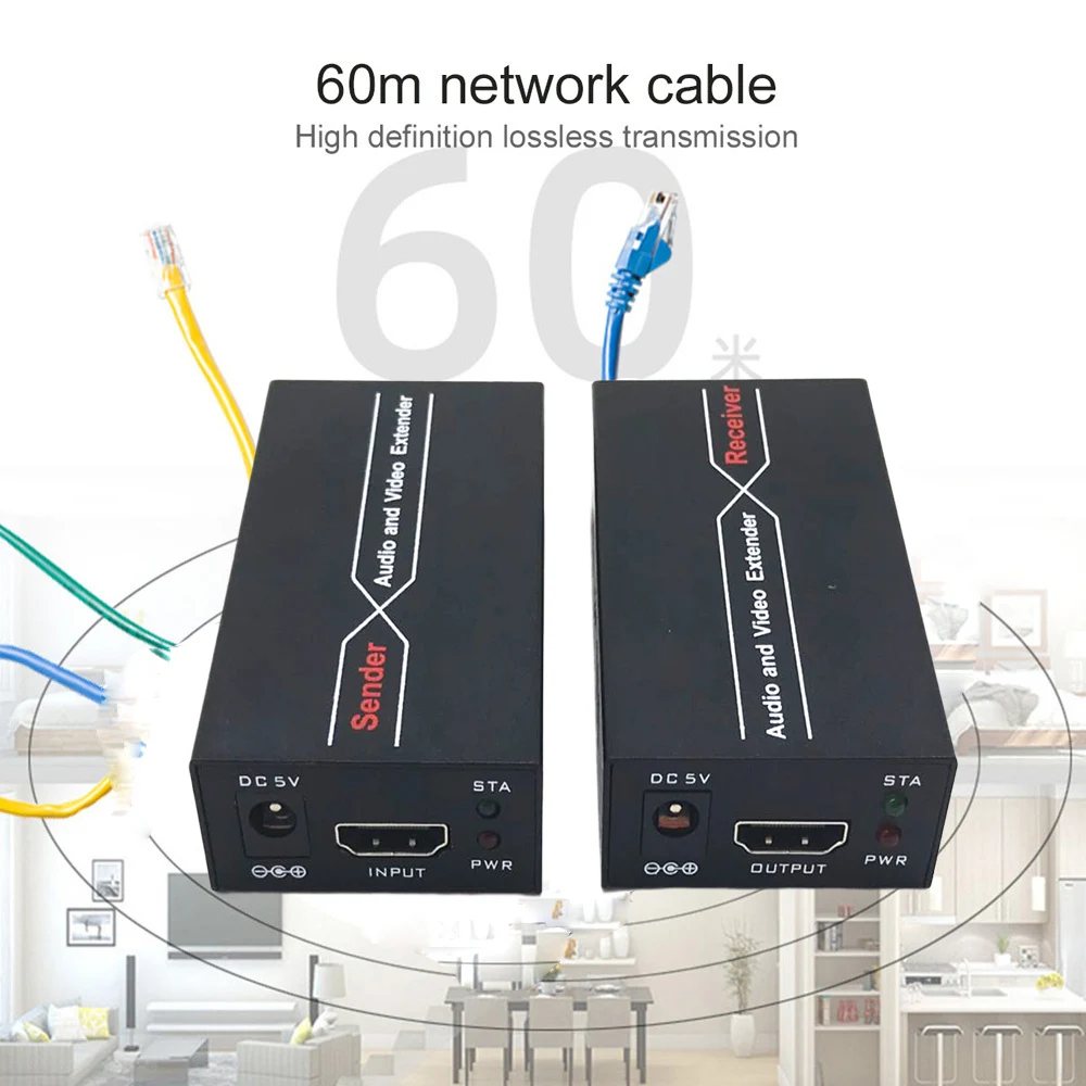 60m HD to HDMI-Compatible Extender 1080P HDTransmitter Cat6 POE Extensor RJ45 Video Transmitter Adapter for PC HDTV