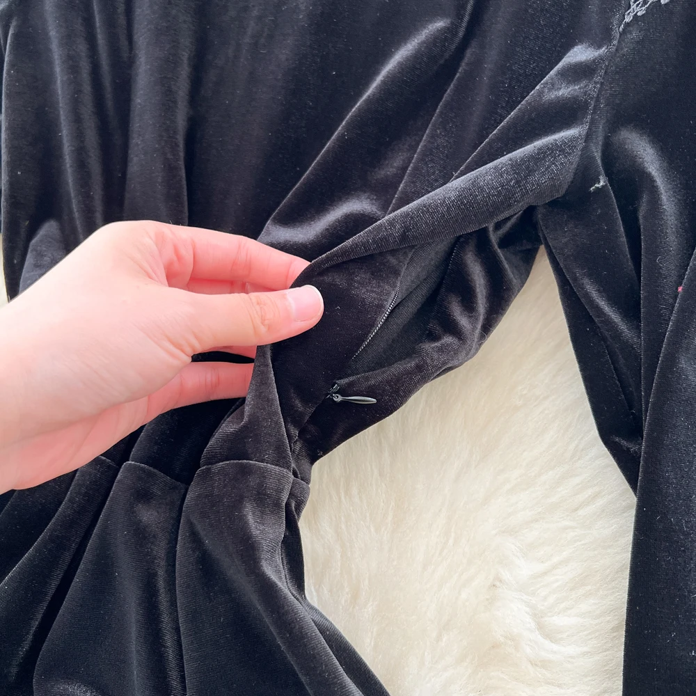 Elegant Chic long sleeve velour lace button Slim Dresses Party High Street evening dress Autumn Clothing