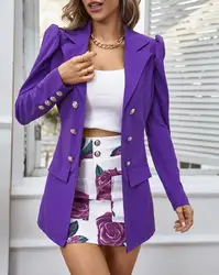 Puff Sleeve Double Breasted Blazer & Floral Print Skirt Set Elegant Suit for Women Casual New Fashion 2023 Summer