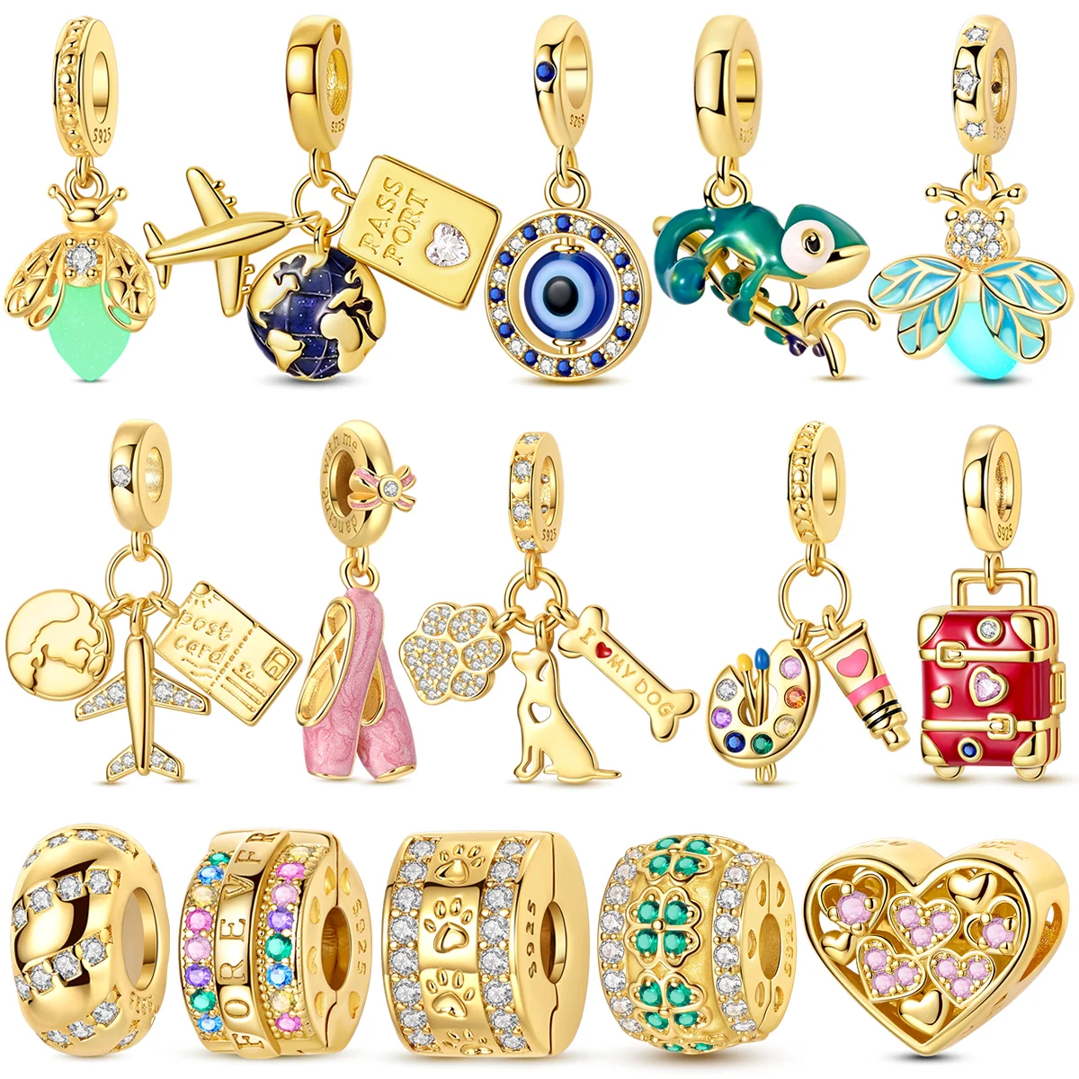 Breloques de voyage trèfle doré argenté, perles compatibles avec bracelet original, sac, porte-clés, boucles d'oreilles, pendentif, bijoux DIY pour femme, cadeau