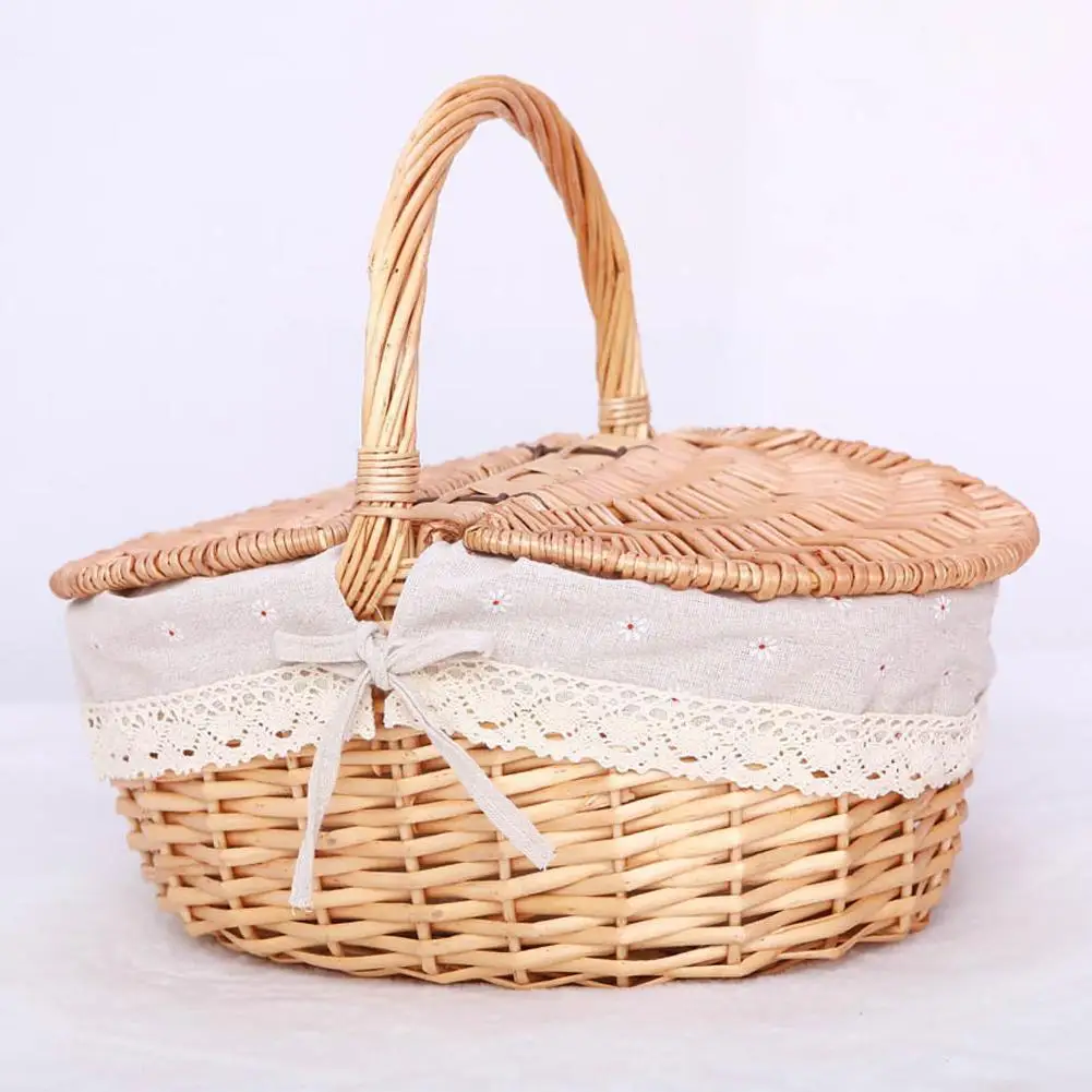 Willow Woven Wicker Picnic Basket With Handle Outdoor Double-lid Camping Large Fruit Capacity Storage Container Basket Oval O6D5