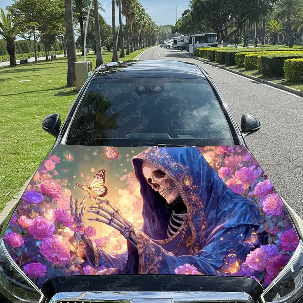 

Butterfly, Flower & Purple-robed Skull Car Vinyl Wrap, PVC Material Waterproof Car Hood Sticker, Self-Adhesive Scratch-Resistant