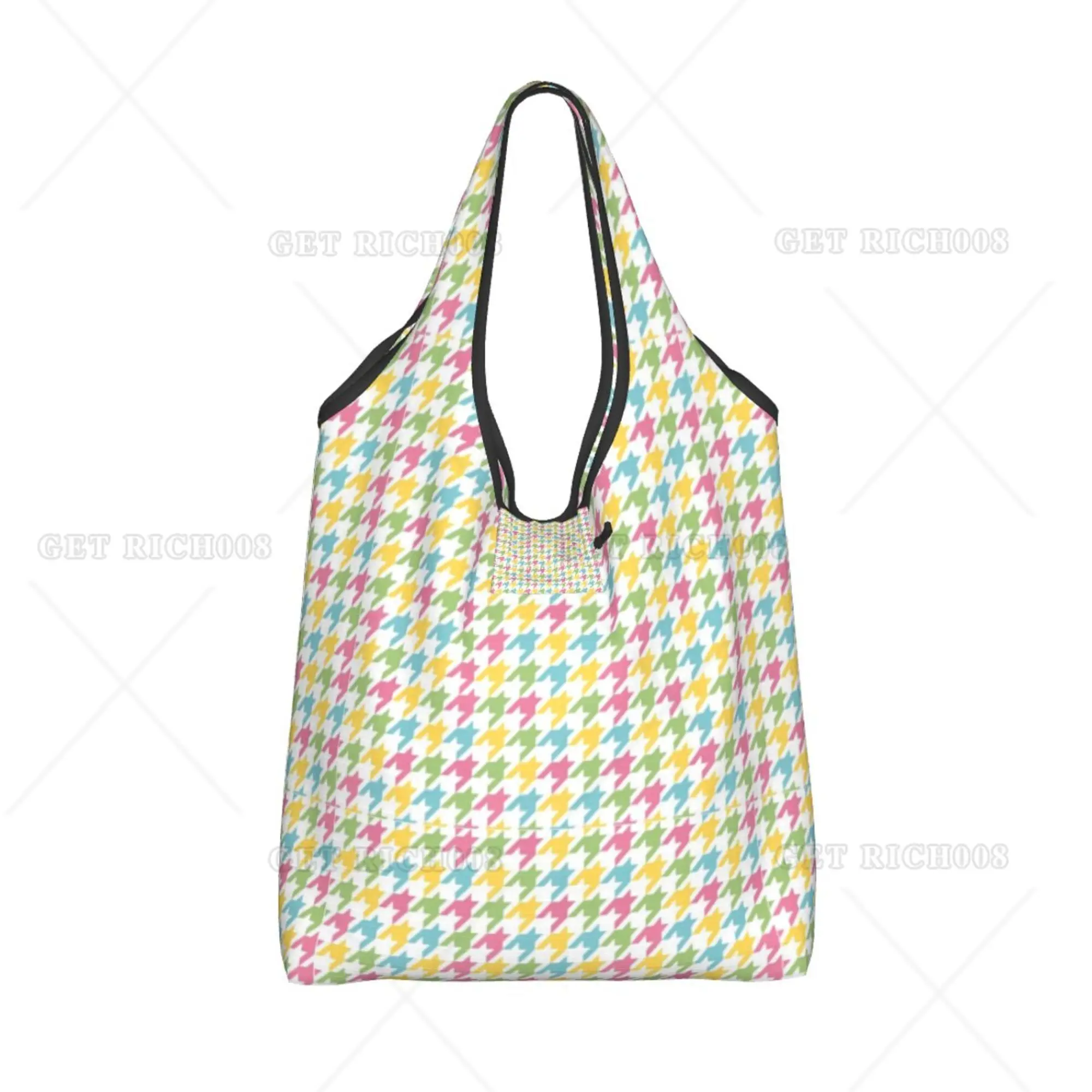 Colorful Houndstooth Folding Shopper Bags for Women Supermarket Bag Portable Handbag Reusable Grocery Bag for Outdoors