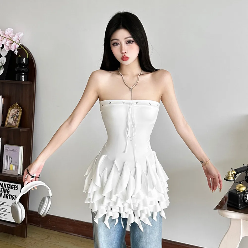 SylCue Y2K 스위트 스타일 스트랩리스 탑 여성용 비대칭 오프숄더 패치워크 러플 리본 허리라인 트렌드 슬림핏 의상