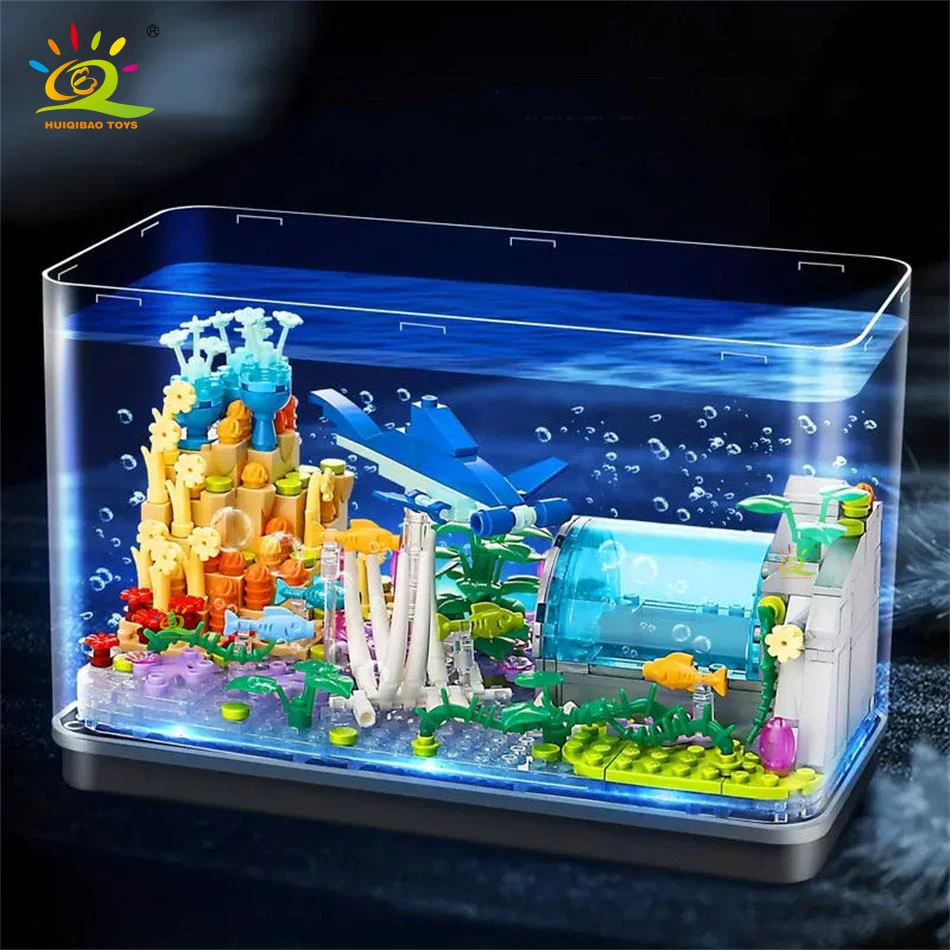 

HUIQIBAO MOC MINI Fishbowl Fish Tropical Animals Tank Building Block Creative Seaweed Biology Figure Bricks Lighting Kids Toys