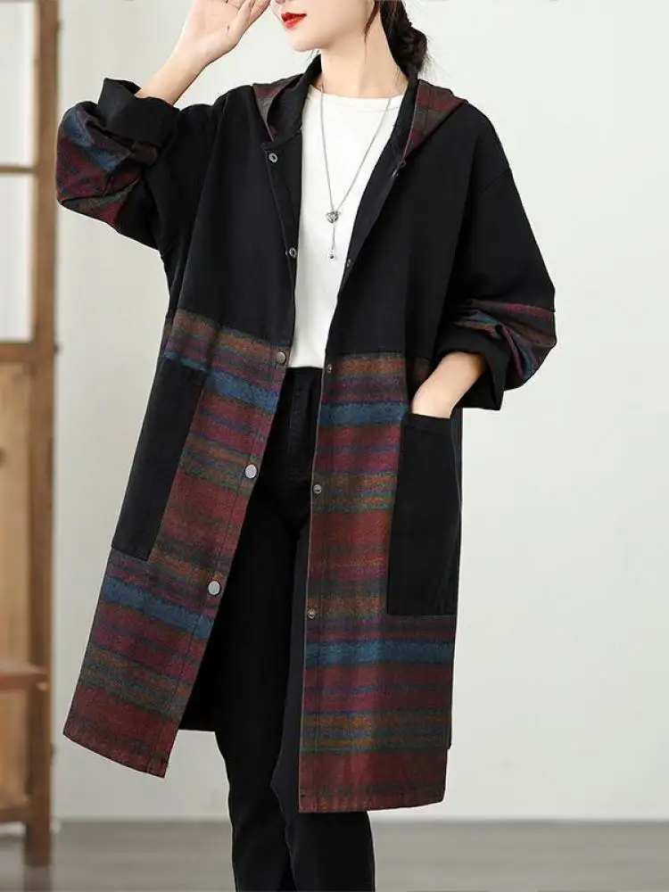 

Весенне-осенний черный джинсовый лоскутный свободный кардиган с длинными рукавами, пальто, женские модные однобортные топы с капюшоном, повседневная уличная одежда