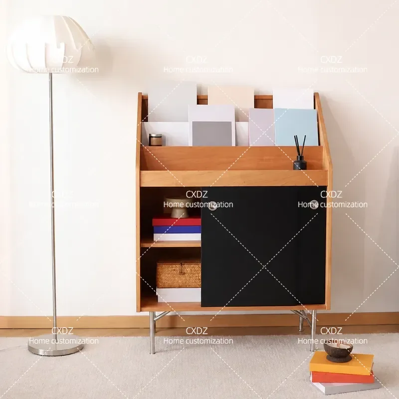 Solid Wood Magazine Cabinet MCM Style Display Rack Living Room Storage Bookcase Color Matching Locker for Books and Magazines